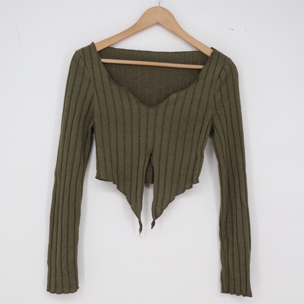 SHEIN Crop Top Womens S Handkerchief Hem Olive Green Ribbed Long Sleeve